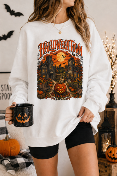 Halloween Town Crewneck Sweatshirt — Vintage Haunted House Pumpkin Graphic