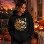 Retro Skull & Wildflower Hoodie | Vintage Grunge Floral Checkerboard Sweatshirt