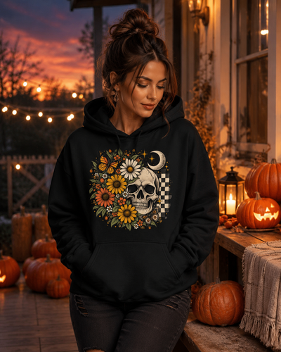 Retro Skull & Wildflower Hoodie | Vintage Grunge Floral Checkerboard Sweatshirt